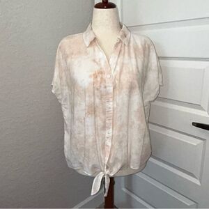 Wonderly Tie Dye Button Front Short Sleeve Tie Linen Blend Shirt Blouse Top